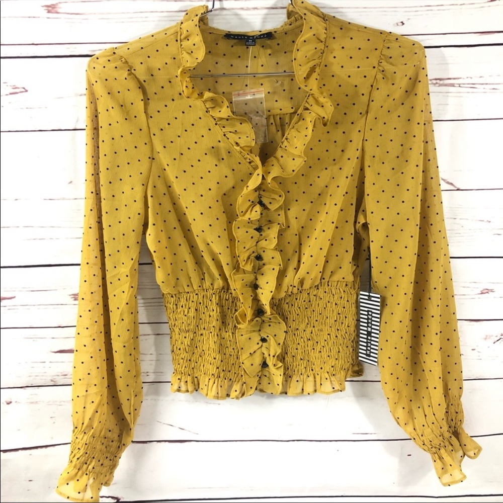 Haute Monde adorable mustard polka dot top cinched waist Size L